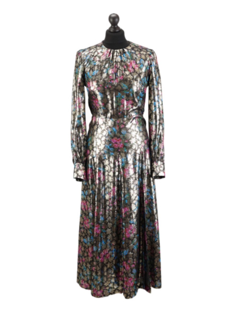 Sandro Silver Metallic Floral Long-Sleeve Maxi Dress with Pink & Blue Accents